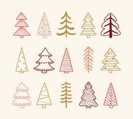 Colourful Christmas tree collection. Holiday ornaments. Vector illustration