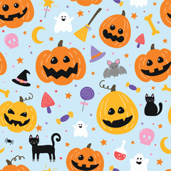 Halloween background with hand drawn elements. Seamless texture concept. Vector illustration