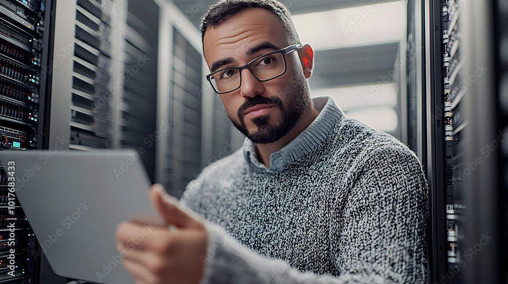Poster a server room technician holding a tablet in front of rows of server racks in a data center