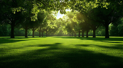 Obraz premium A 3D Render of a Lush Green Meadow with Trees Forming an Alleyway in the Sunlight