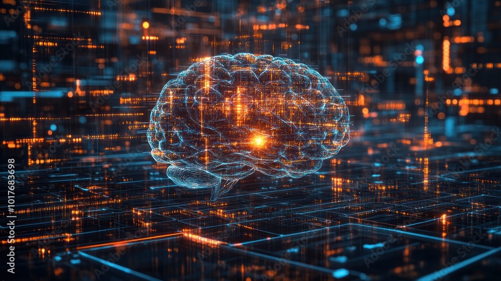 Poster quantum computing brain concept, leveraging quantum mechanics for faster, more powerful ai brain com