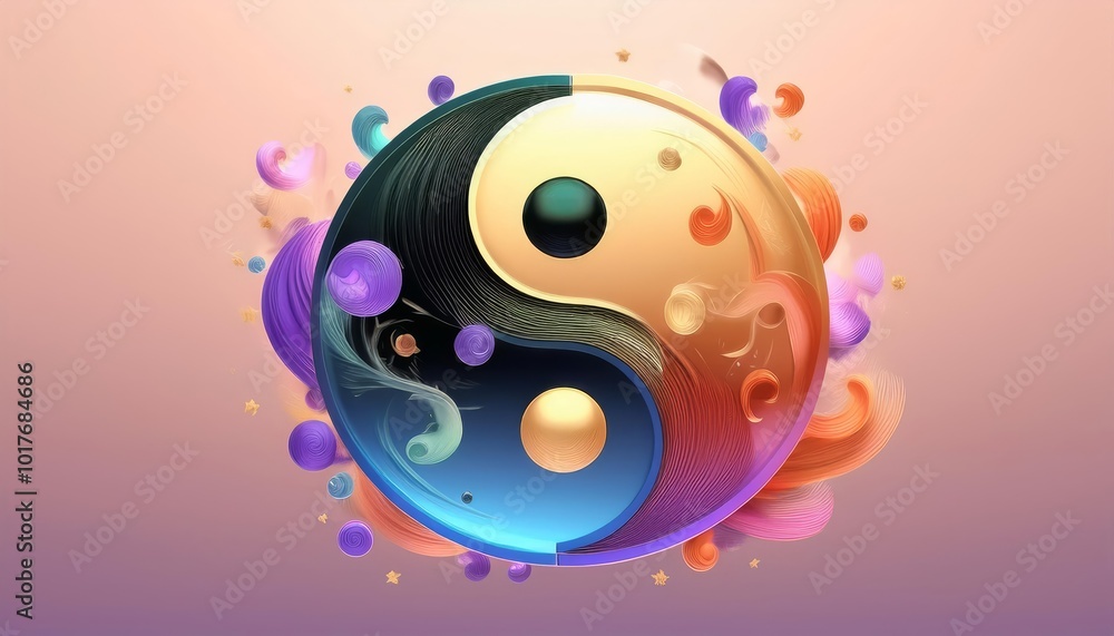 Poster a 3d rendering of the yin yang symbol, with a colorful abstract design around it symbolizing balance