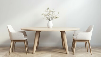Modern dining table set with minimalist design and floral centerpiece in a softly lit room