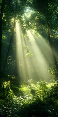 Obraz premium Sunlight streams through the dense canopy of a lush forest, illuminating the vibrant green foliage.