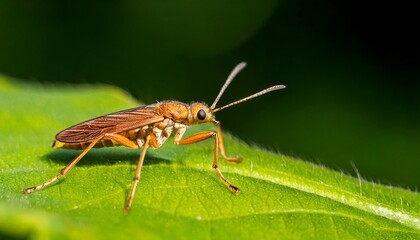 Fototapeta premium A highly detailed macro image of a small, golden-brown insect with long antennae