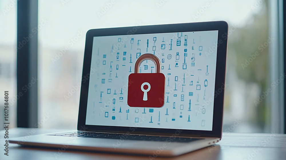 Poster laptop computer with a prominent digital padlock on screen, encrypted data floating around, futurist