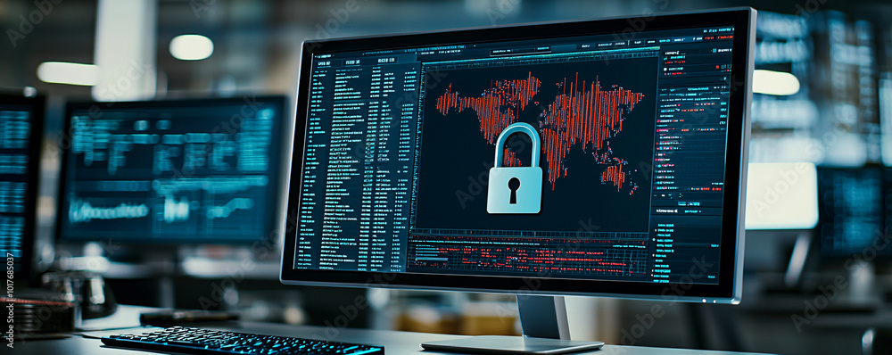 Poster computer monitor displaying a massive digital padlock in the center, surrounded by code, high-tech s