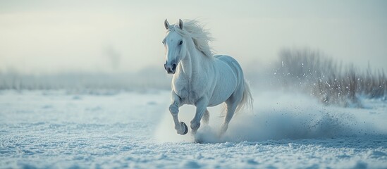 White horse running in the snow with a blurred background.