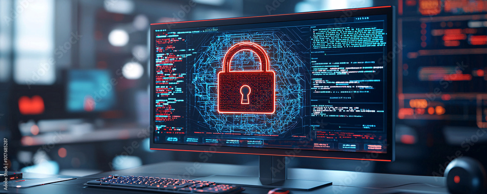 Poster computer monitor displaying a massive digital padlock in the center, surrounded by code, high-tech s