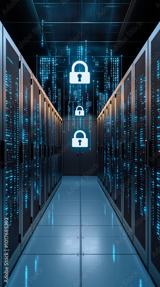Aufkleber server room with dark lighting, rows of computers and digital padlocks hovering above, complex encry