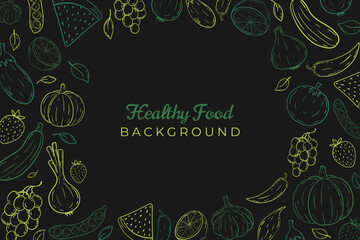 Green hand drawn sketch vegetables and fruits on black background. Outline farm fresh vegetables and fruits round frame background