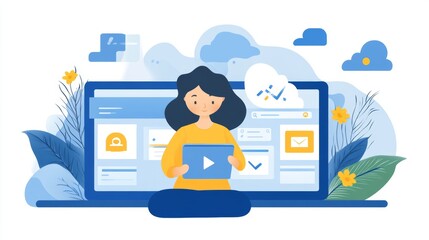 Fototapeta premium Woman Working on Laptop with Online Content and Video Player