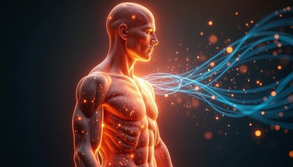 A glowing human figure exudes energy, representing strength, vitality, and the interconnectedness of all things. This image symbolizes human potential, the flow of energy, and the power of the mind-bo