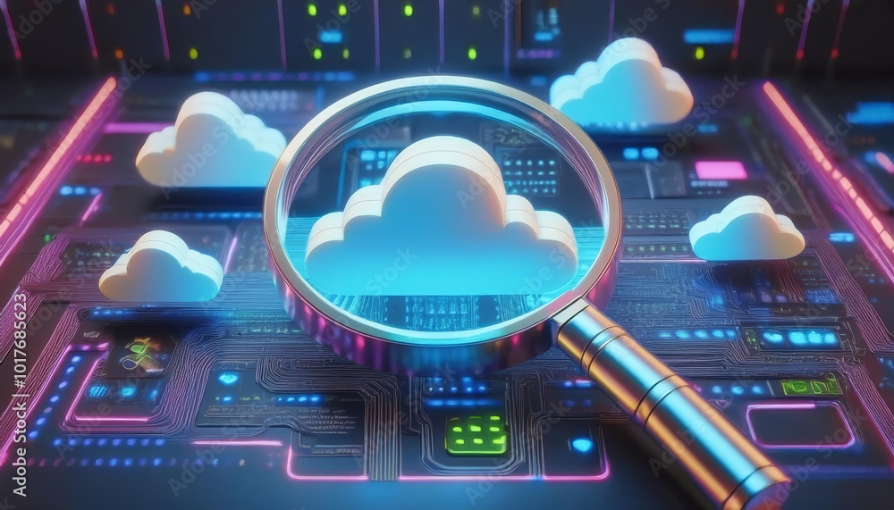 Poster a magnifying glass focuses on a cloud icon against a futuristic server background, symbolizing data 