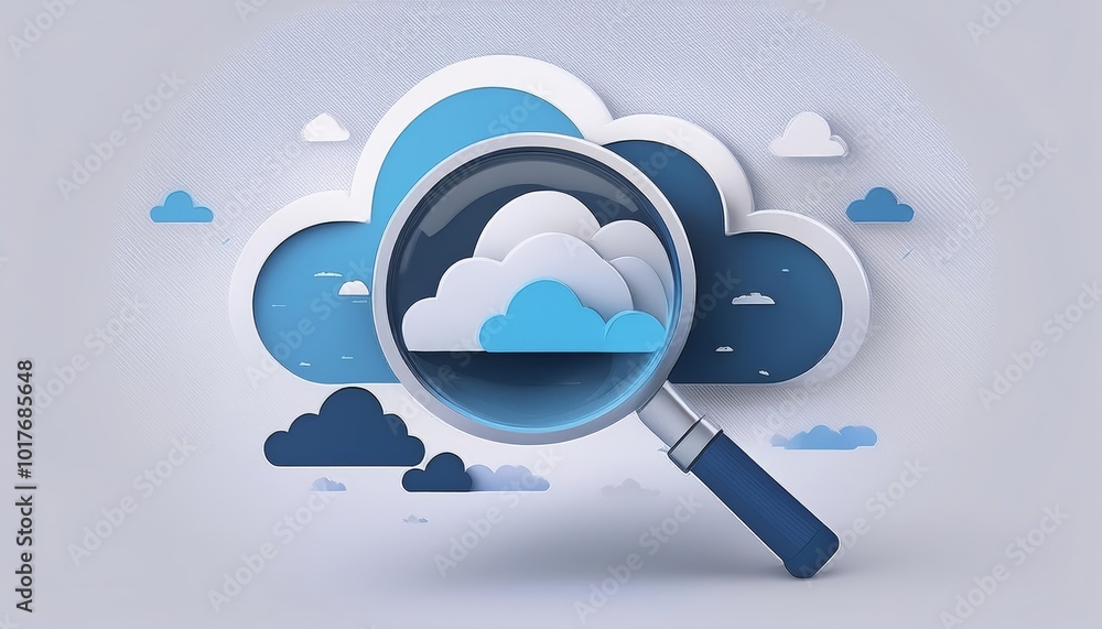 Poster a magnifying glass focuses on a cloud symbol, representing the exploration and analysis of cloud com