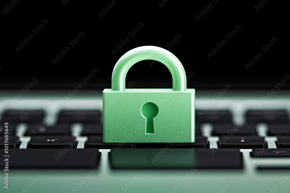 Poster a close-up of a digital padlock over a laptop keyboard, cyber-security focus, intricate code running