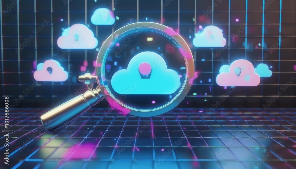 Poster a magnifying glass focuses on a glowing blue cloud, symbolizing the search for cloud computing solut