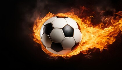 A soccer ball engulfed in flames symbolizes passion, energy, competition, and drive to succeed. The image captures the intensity and excitement of the sport, with the flames representing the burning d