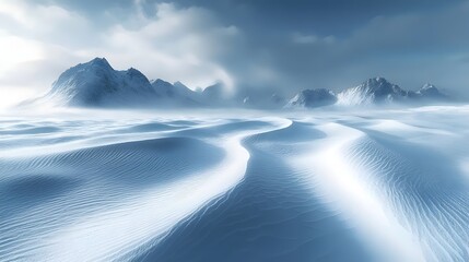 Obraz premium A vast, snow-covered landscape stretches out before a range of snow-capped mountains under a cloudy sky.