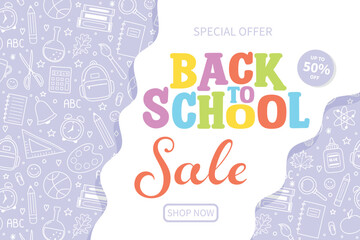 Obraz premium Back to School Sale poster with cute hand drawn icons. Vector illustration
