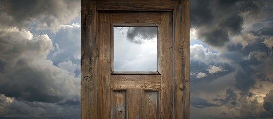 Wooden Door with Window and Overcast Sky