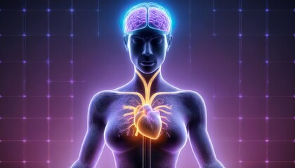 A woman's body with glowing outlines of her heart and brain, representing the interconnectedness of mind, body, and spirit, emotional intelligence, empathy, intuition, and self-awareness.