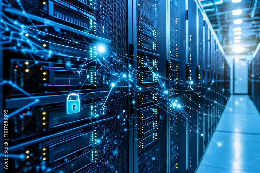Poster server racks with digital padlocks securing each unit, glowing lights and circuits visible, dark tec