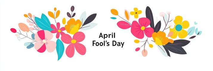 The text "April Fool's Day" is written in the center of an illustration with colorful flowers and leaves on a white background
