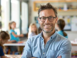 Obraz premium A man is posing for a picture in front of a classroom, generative ai image