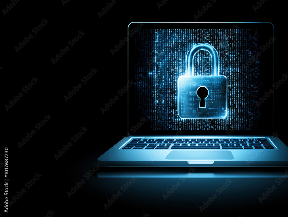 Poster digital padlock integrated into a laptop screen, high-tech encryption running in the background, dat