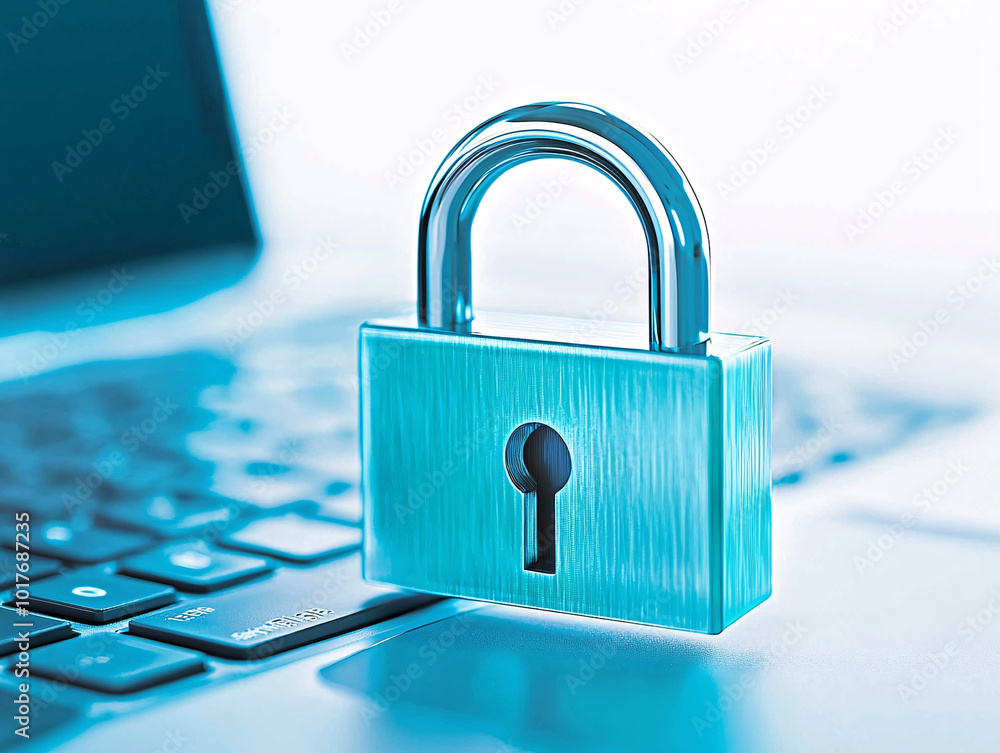 Poster digital padlock integrated into a laptop screen, high-tech encryption running in the background, dat