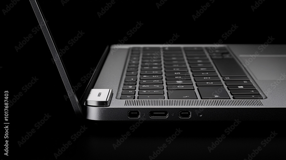 Poster close-up of a digital padlock attached to a laptop hinge, illuminated security interface, high-tech 