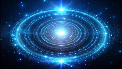 A celestial tapestry of luminous rings and shimmering stars, radiating an ethereal glow against a deep blue backdrop.