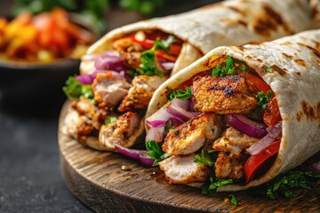 Grilled chicken shawarma wraps on a board. Perfect for promoting food blogs, restaurants, and takeout menus.