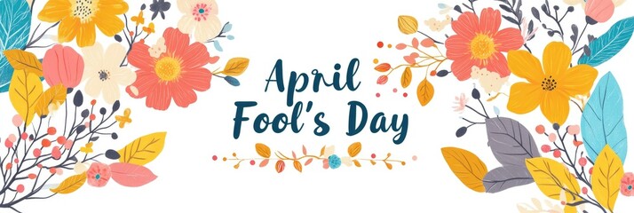 The text "April Fool's Day" is written in the center of an illustration with colorful flowers and leaves on a white background