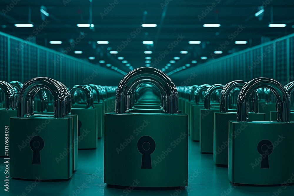 Poster a powerful server computer room filled with digital padlocks on racks, glowing data flow, dark blue 