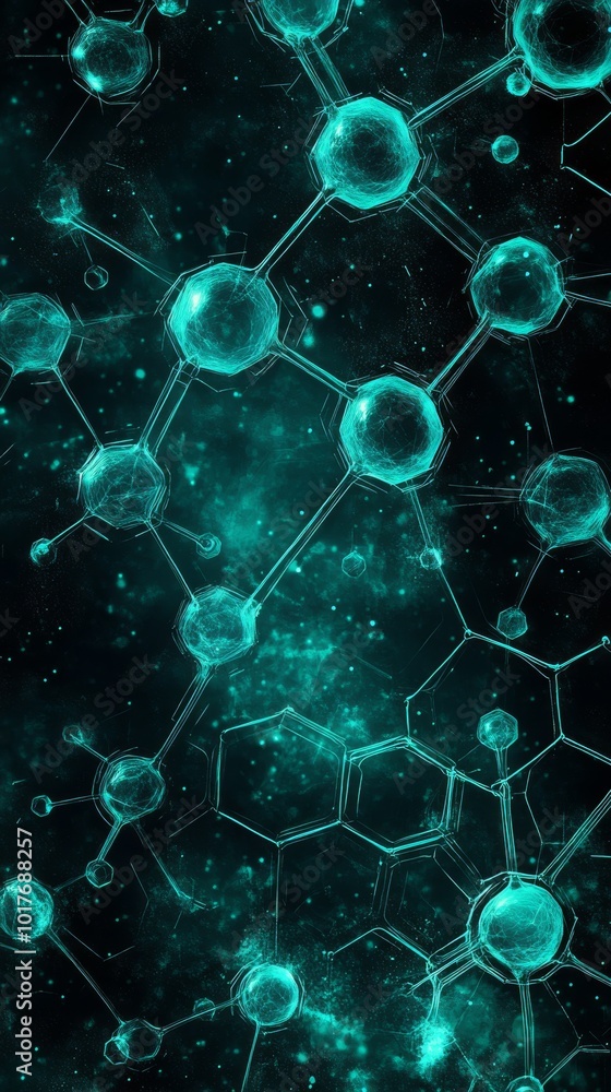 Poster abstract molecular structures illuminated in teal colors against a dark background, creating an inno