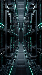 Server racks secured with digital padlocks, green data transfer lights, futuristic cyberpunk design, high-tech ambiance