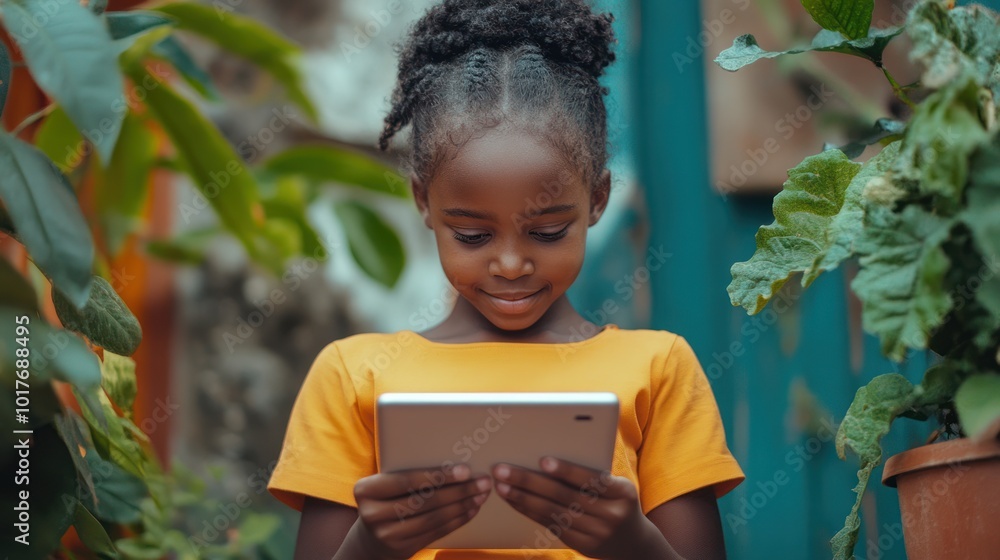 Poster school girl using digital tablet popular with increasing integration of technology in classrooms, es