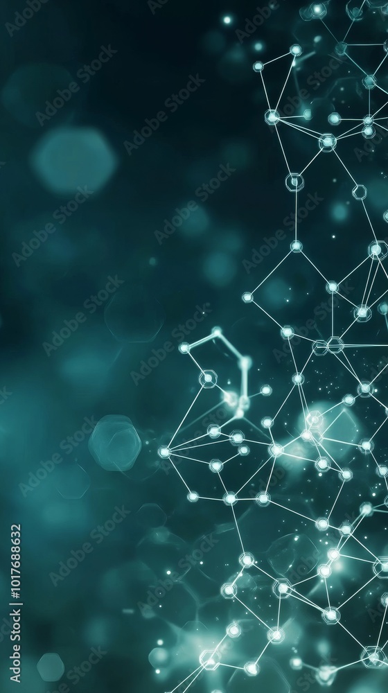 Poster abstract representation of interconnected molecules with glowing nodes against a dark background in 