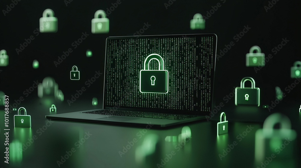 Aufkleber laptop computer with a prominent digital padlock on screen, encrypted data floating around, futurist