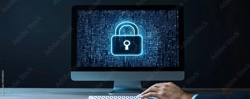 Poster computer monitor displaying a massive digital padlock in the center, surrounded by code, high-tech s
