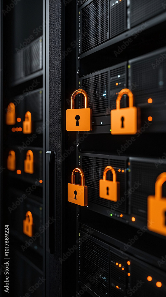 Poster server room with dark lighting, rows of computers and digital padlocks hovering above, complex encry