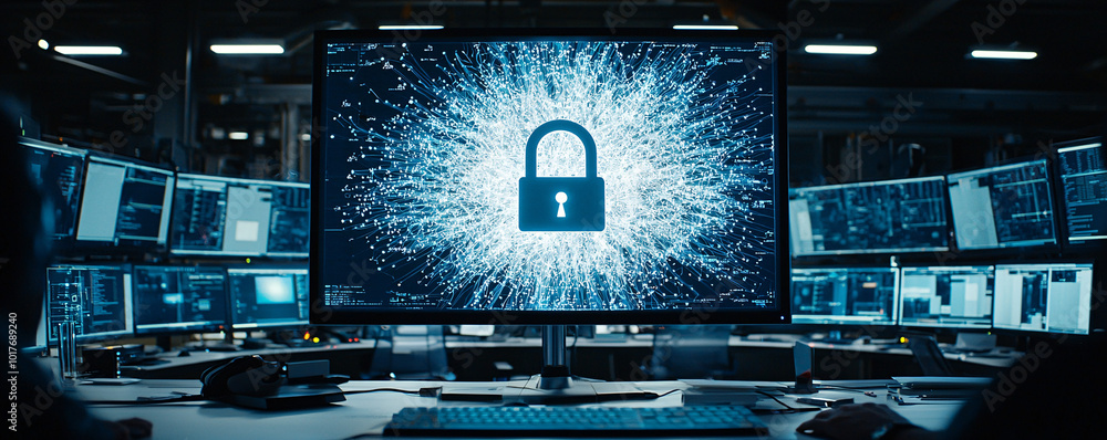 Poster computer monitor displaying a massive digital padlock in the center, surrounded by code, high-tech s