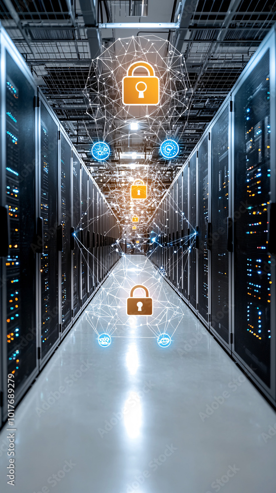 Poster server room with dark lighting, rows of computers and digital padlocks hovering above, complex encry