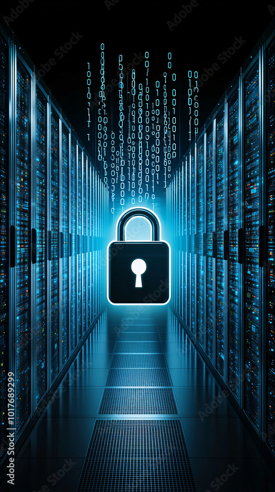 Poster server room with dark lighting, rows of computers and digital padlocks hovering above, complex encry