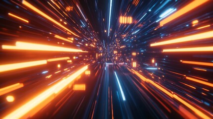 Abstract digital space with orange and blue glowing lines