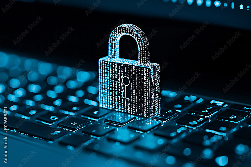 Poster a close-up of a digital padlock over a laptop keyboard, cyber-security focus, intricate code running