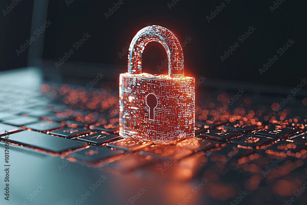 Poster a close-up of a digital padlock over a laptop keyboard, cyber-security focus, intricate code running