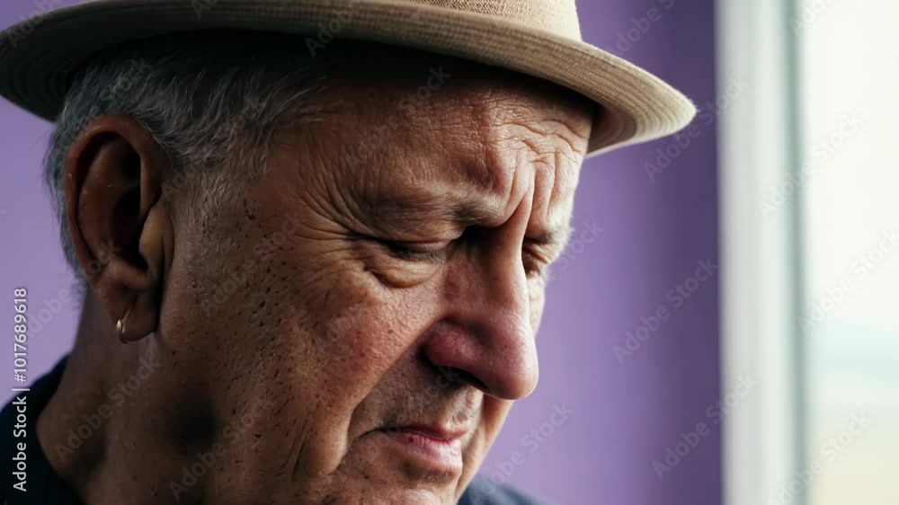 Poster Close-up video of an elderly man with a hat, expressing sadness with natural window light and static camera movement.